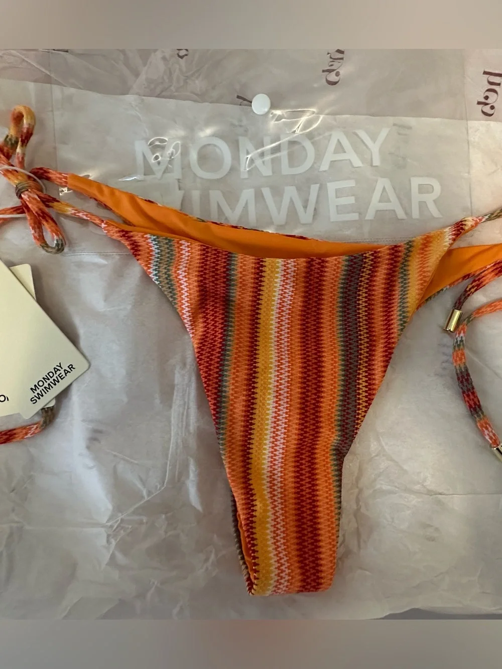 Monday Swimwear Orange Red Yellow Stripe Tie-Side Bikini Bottom